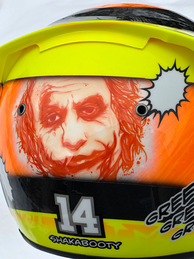 Comic book Joker Bell kart helmet back detail